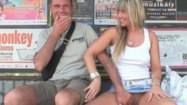 The girl picked up the guy and fucks at the bus stop