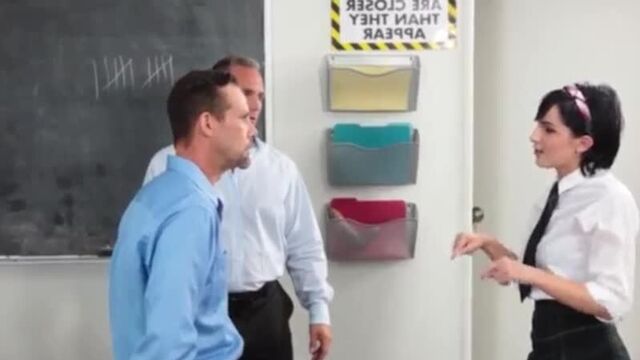 The young whore got excited by the words of the teachers. Teachers fucked girl hard in class. Porn and blowjob. Teen sex and porn