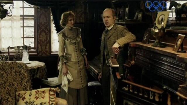Andrei Panin and Ingeborga Dapkunaite in the TV series "Sherlock Holmes" (2013) Episode: "Mrs. Hudson, be my wife!"