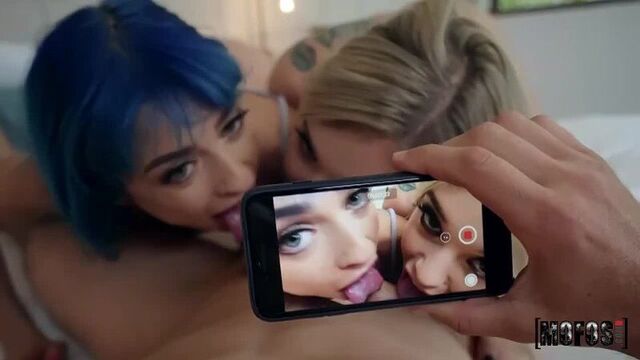 Filmed two bitches without complexes licking a dick together on camera