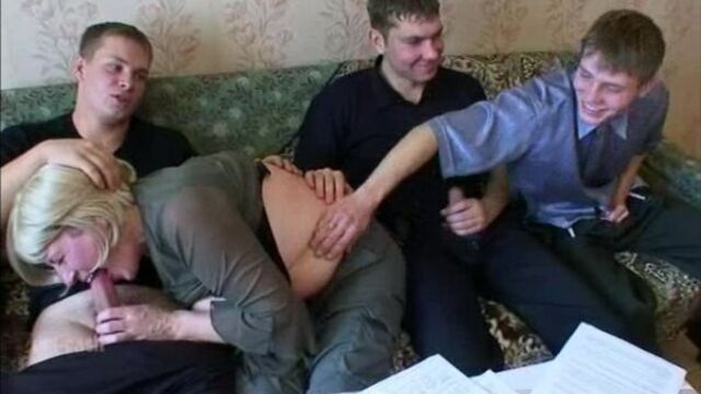 Russian porn. Private home video, gangbang, three guys for one chick