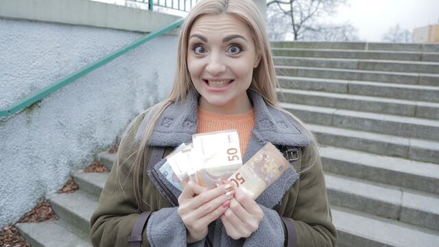 Slutty blonde with natural tits gives blowjob and fucks for money