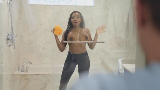 Black stepmom with big tits pleases her son in the shower