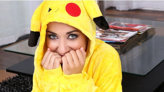 A cute little Pokemon with a hairy pussy rides a long dick