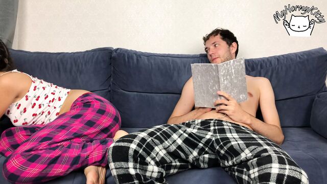 Stepbrother secretly jerks off next to his stepsister, but she catches him! they cum at the same time