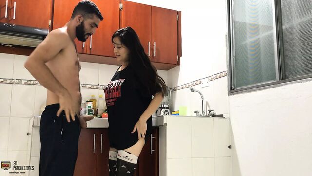 Fucking in the kitchen of my house while my stepdads are lying - porn in Spanish