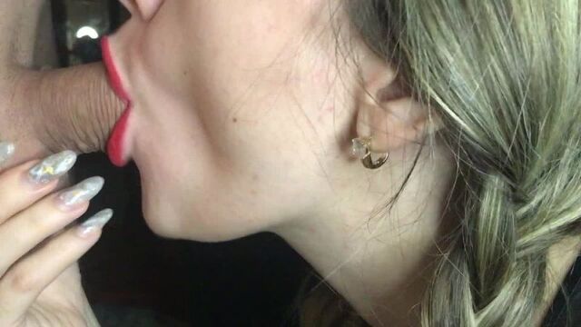 sexwife gives a close-up blowjob with red guys