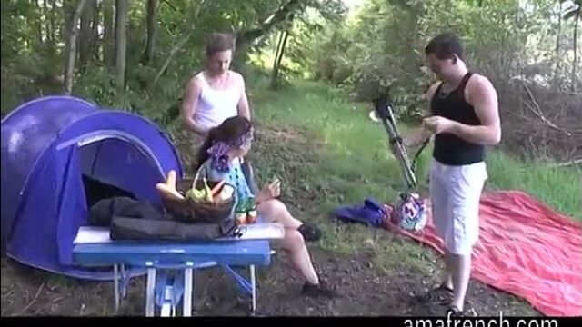 Two guys fuck a girl on a hike