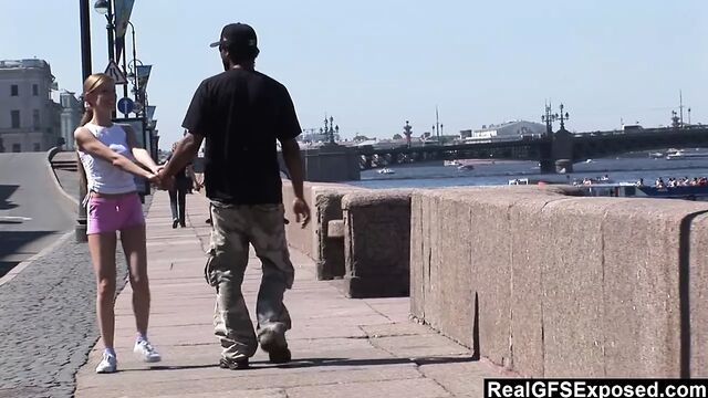 Russian blonde Olga meets BBC while jogging