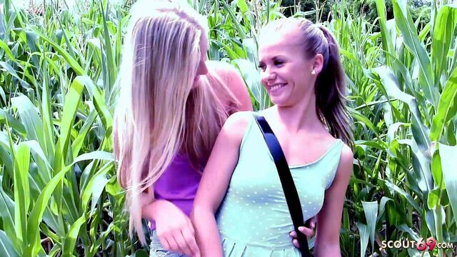 A cute girl persuaded a skinny classmate to have public lesbian sex on the way home