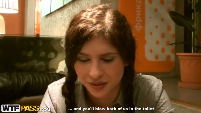 Pick-up artists fuck a brunette in a cafe toilet