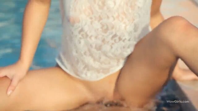 Sweet Russian brunette gets stretched in the pool