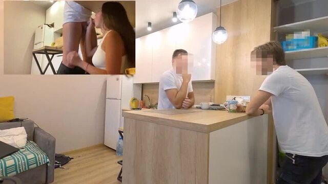 Cheating on a guy right next to him, under the table (porn, homemade, Russian, sex, blowjob, anal, cumshot, sucking, cheating, fmf, young, orgasm