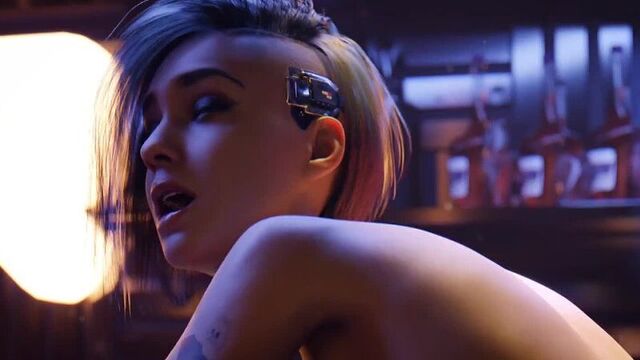 Judy Alvarez rolls her eyes in orgasm (Cyberpunk 2077) (stockings/pantyhose, babes, interracial, big tits, orgasm)