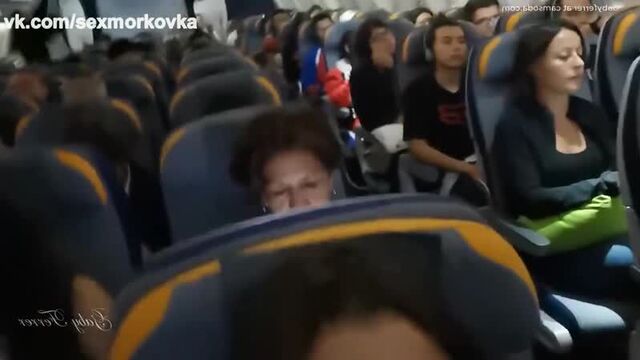 Asian slut jerks off right on the plane in front of people, solo porn sex in a public place