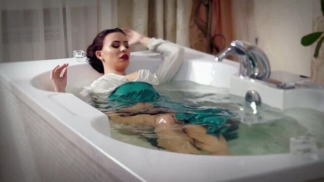 Julia Miksa - a curvy fashion model lay in the bathtub in clothes (erotica, sex, beautiful girl, masturbation, striptease)