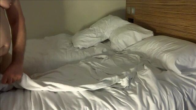 The fat man slammed the midget into the bed with her belly | A small girl
